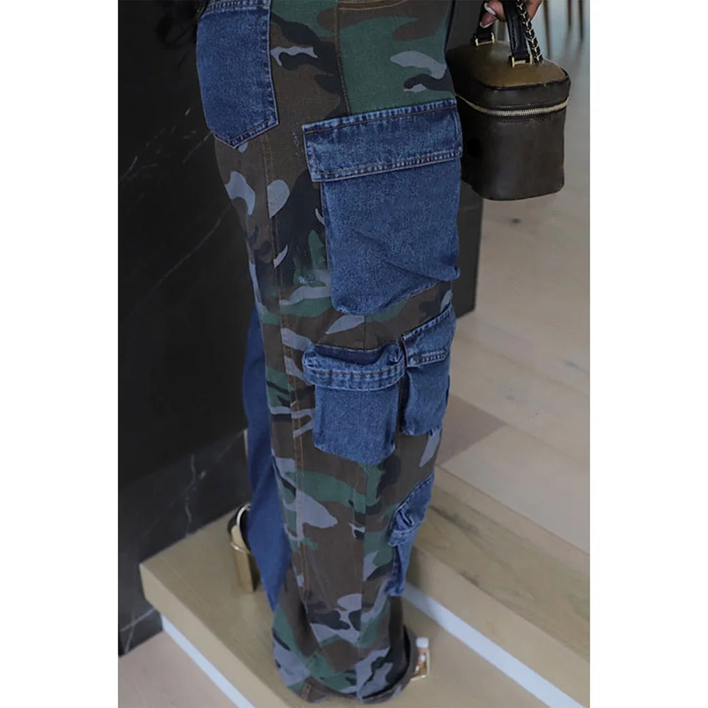 Flycurvy Plus Size Codzienne jeansy z wieloma kieszeniami Niebieskie patchworkowe dżinsy Camo Cargo Jean