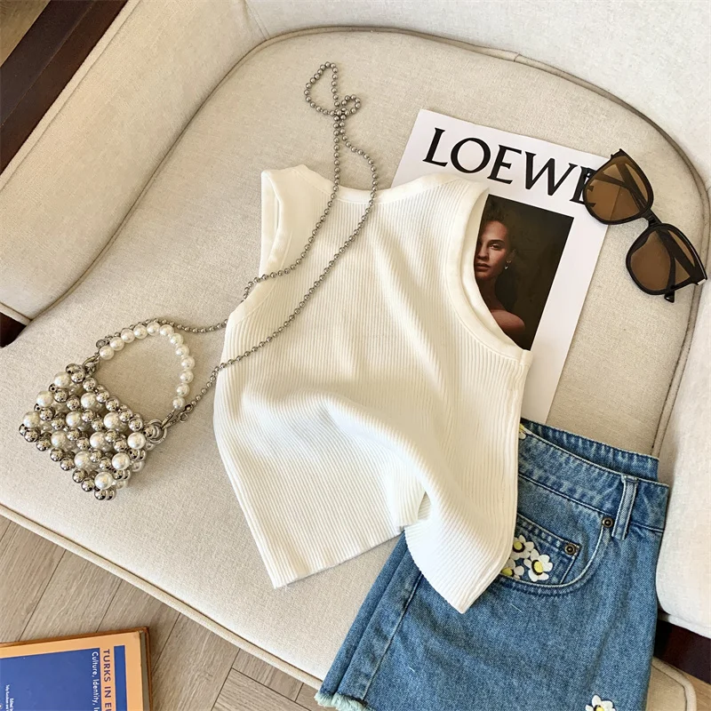 2024 Summer Sexy Slim Sweater Vests Women Crop Tops Knitwear Rhinestones Butterfly Sleeveless O-neck Stylish Fashion Chic Jumper