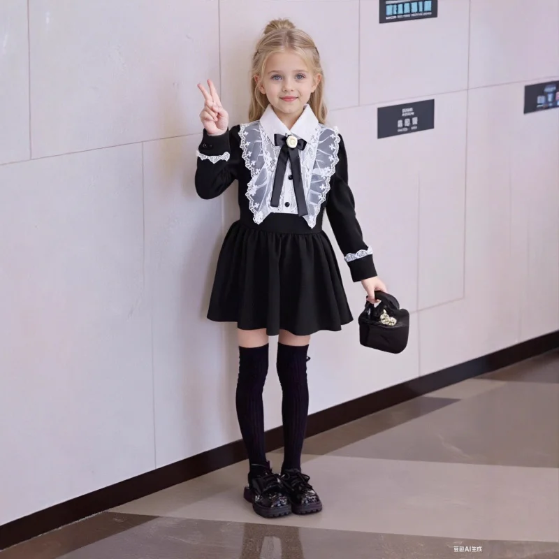 

Girls' Hepburn Style French Chic Dress Spring Autumn Children's College Style Turn-Down Collar Lace Trim Dress