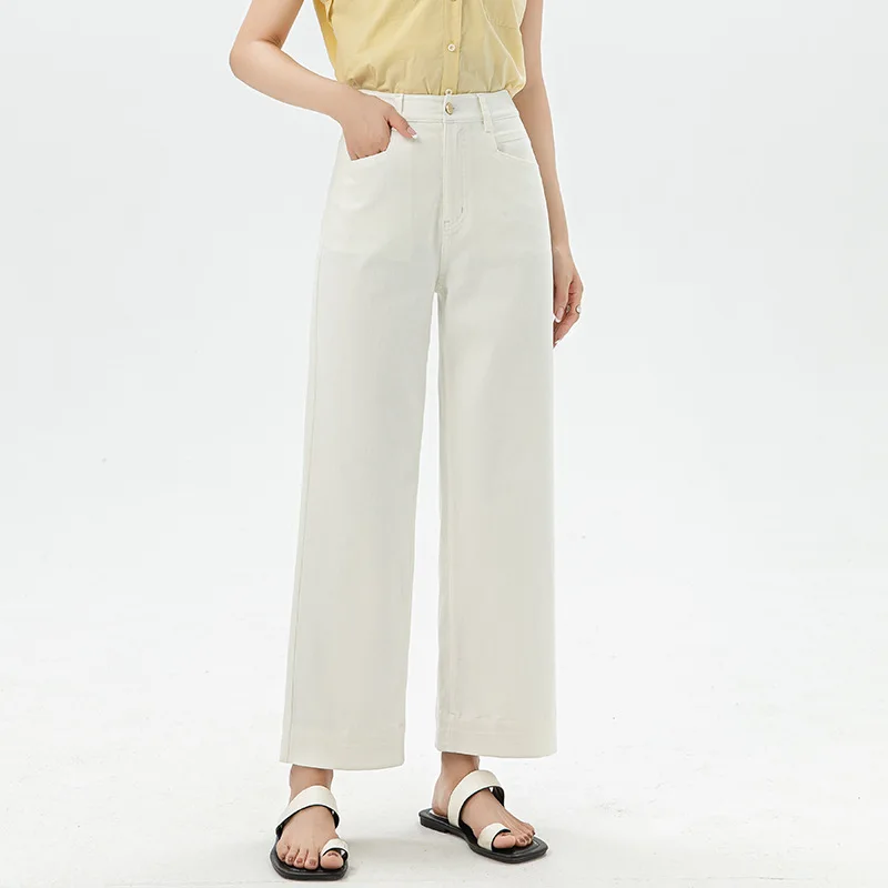 Women Cotton Cropped Denim Jeans Straight Leg 2026 New Fashion Summer Calf Length Casual Capris Pants Elastic Band Waist