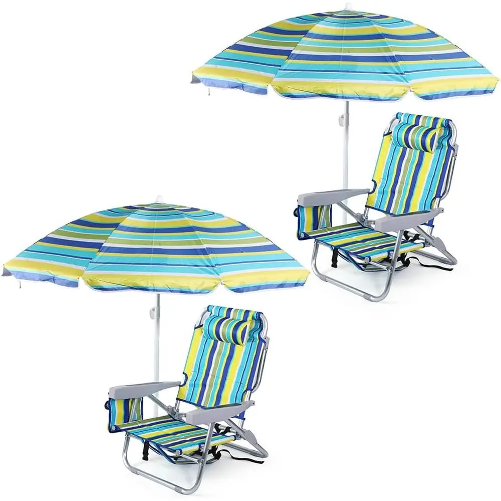 2-Pack Striped Beach Chairs with Umbrella and Cooler for Adults - Outdoor Summer Fun