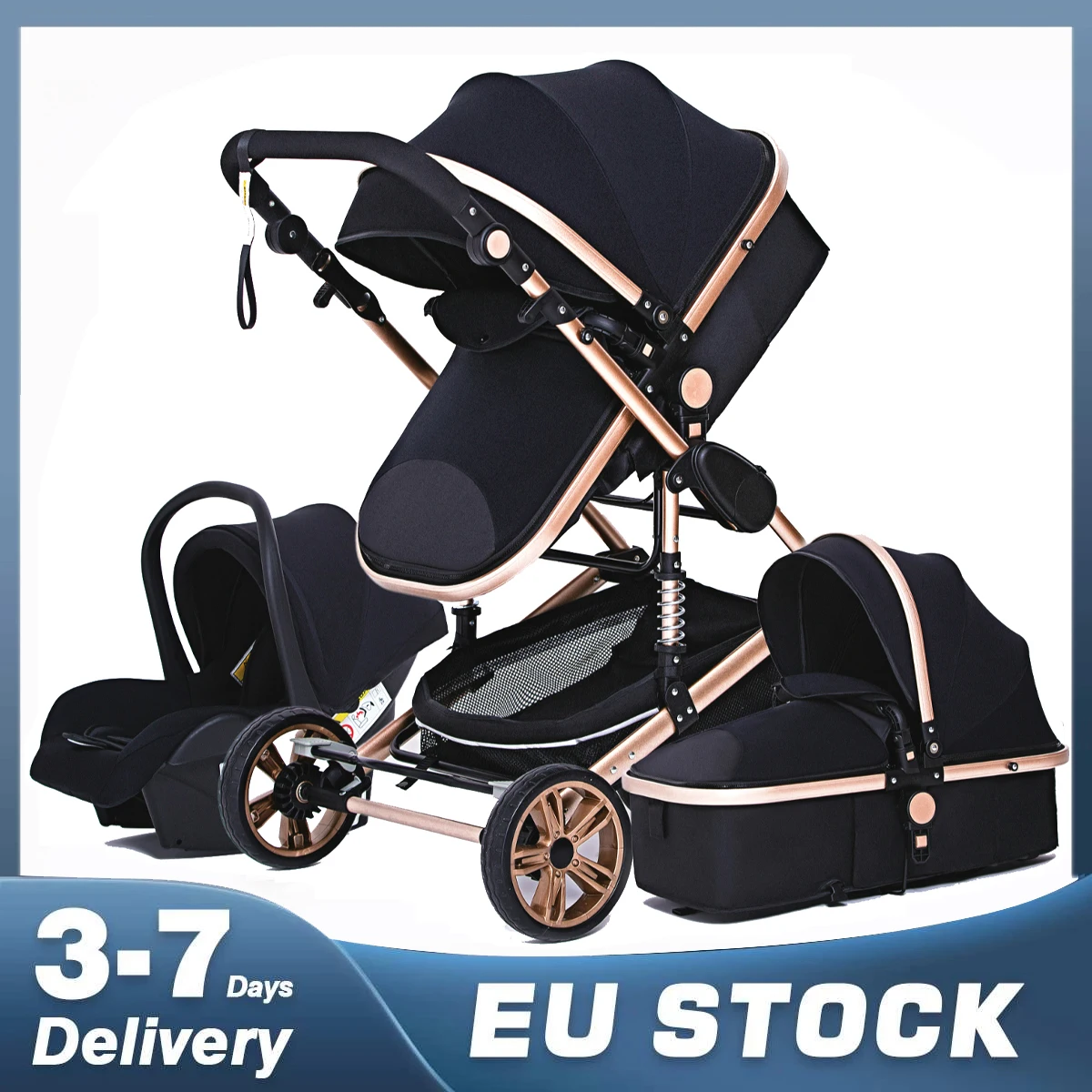 baby stroller 3 in 1 with car seat Environmentally friendly materials Four-wheel shock Absorption Aluminum Frame High Landscape