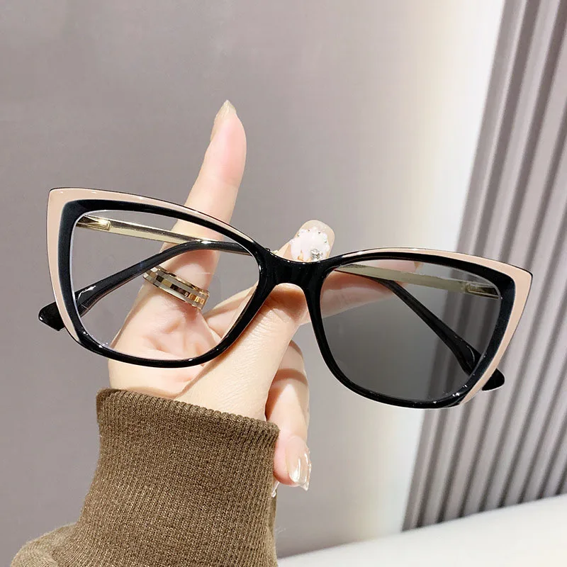 New Women Cat Eye Anti Blue Light Glasses Fashion Men Women's INS Light Sensory Color Changing Sunglasses Optical Lens Flat Lens