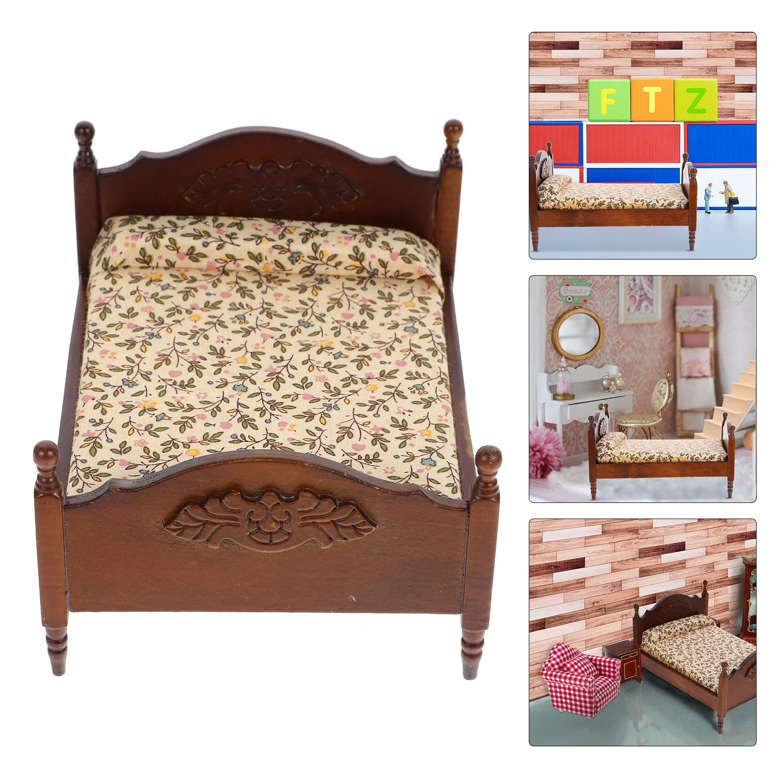 Double Bed Model House Tiny Mini European Style Miniature Double-bed Wood Wooden Micro Scene