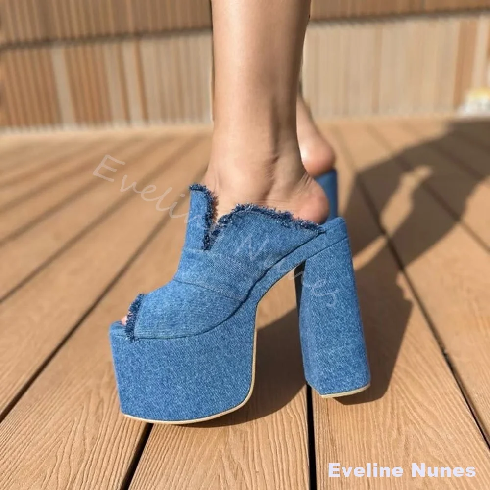 Blue Frayed Denim Platform Mule Heels Women Open Toe Slip On Chunky Block Heel Slides Y2K Western Cowgirl Street Vacation Pumps