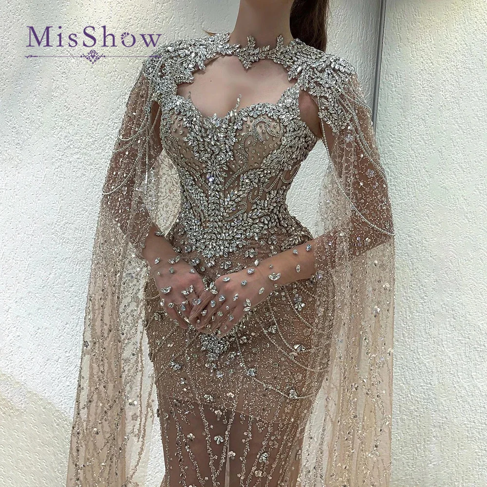 Luxury Crystals Beaded Mermaid Evening Dresses with Tulle Gloves Long Removable Shawl Nude Lace Prom Party Gown Vestidos de Gala