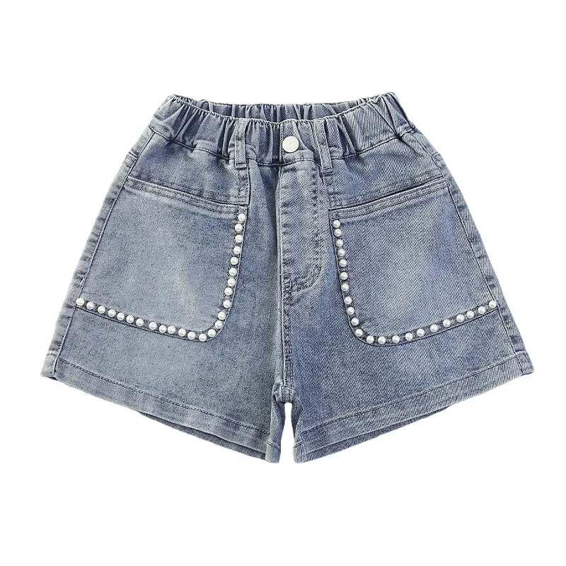 Elegant Kids Fashion Design Denim Shorts with Pearls for Tween Girls Casual Streetwear Above Knee Pants Child Cool Mini Jeans