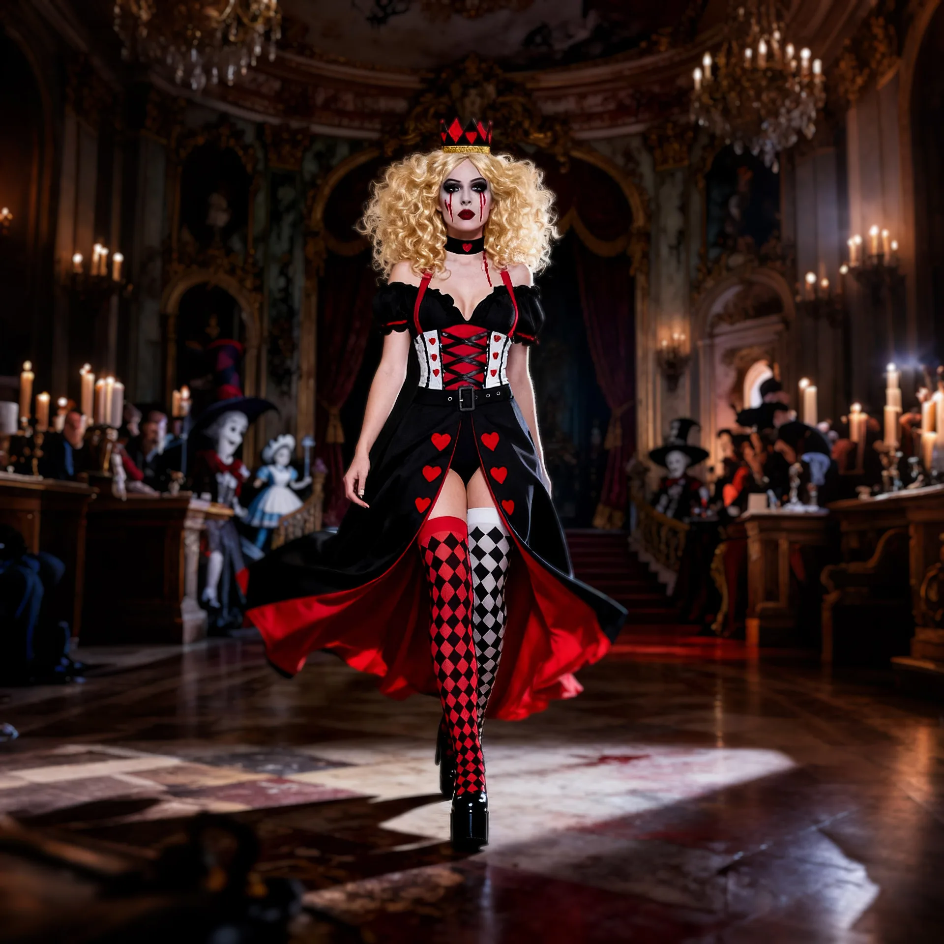 

Хэллоуин Косплей Королева сердец Шута Комплект платья с принтом красного сердца и расклешенными рукавами, готический праздничный костюм 2025 года для женщин ‌