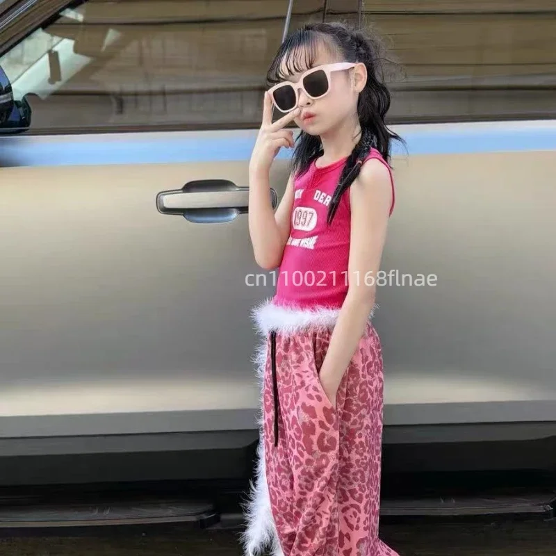 Children's Street Dance Costumes, Girls' Dopamine Powder Vest, Leopard Print Pants, Jazz Dance Performance Costumes Sets