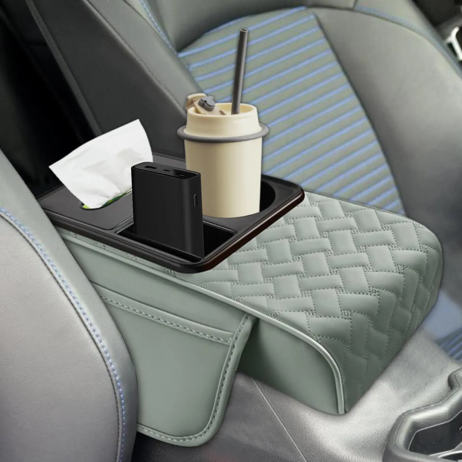 Multi-Functional Car Armrest Storage Box with Cup Holder & Tissue Slot, Universal Auto Console Organizer