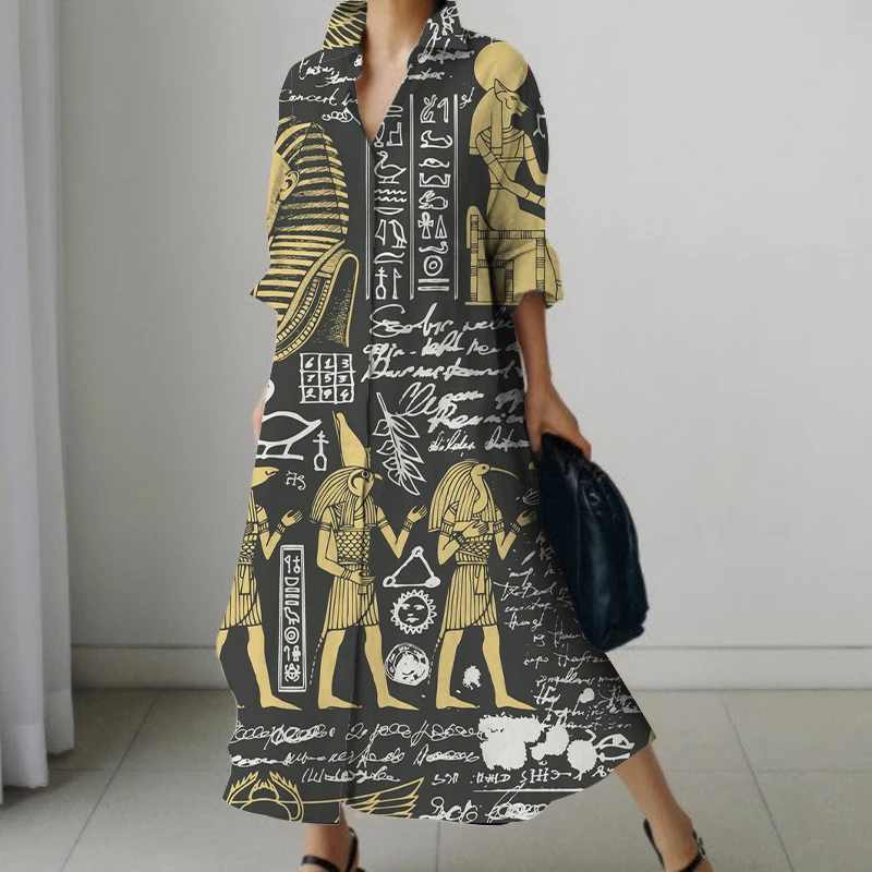 Dresses Autumn Women\'s Long Ancient Egyptian Printed Shirt Dress Pocket Loose Plus Size Korean Fashion Printed French Vintage