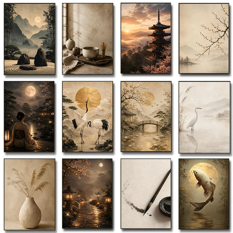 Gold Moon Japandi Zen Garden Ink Brush Poster Tea Ceremony Koi Fish Prints Canvas Painting Wall Pictures Home Living Room Decor
