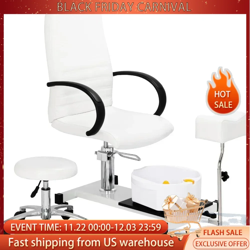 Pedicure Chair White with Stool & Bubble Massage Foot Bath, Hydraulic Pedi Chair for Nail Tech, Beauty Spa Salon Pedicure Chairs