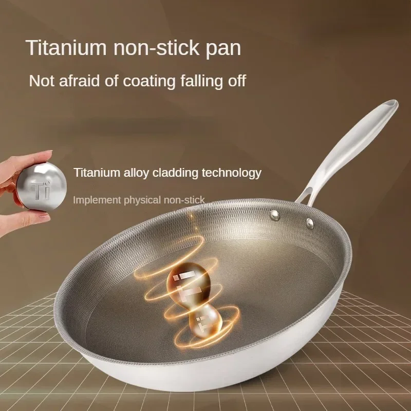 Titanium Wok Pan 316 Stainless Steel Frying Pan  Less Fume Cooking Pot Non StickSuitable for All Kinds of Stoves Pans Cookware