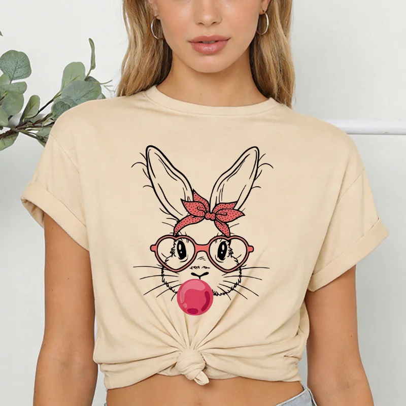 Damen T-Shirt mit niedlichem rosa Schleifen- und Hasenohren-Print, Rundhals, Kurzarm, für Frühling/Sommer – Grafik-Top im lässigen Stil