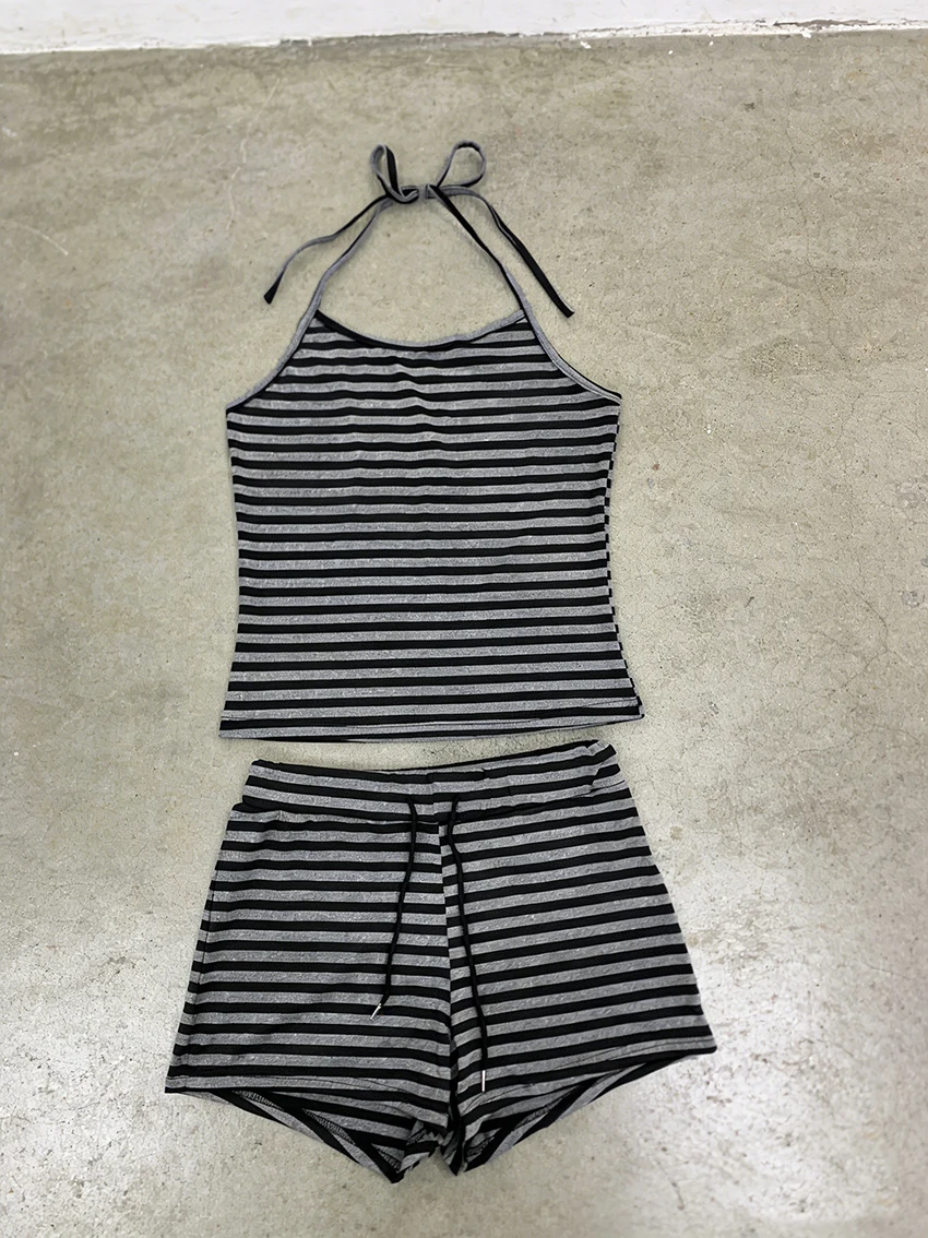 

Fashionable Personalized Spicy Girl Striped Casual Suit Hanging Neck tie up Vest Punk Low Waist Hip Hugging Shorts Set For Woman