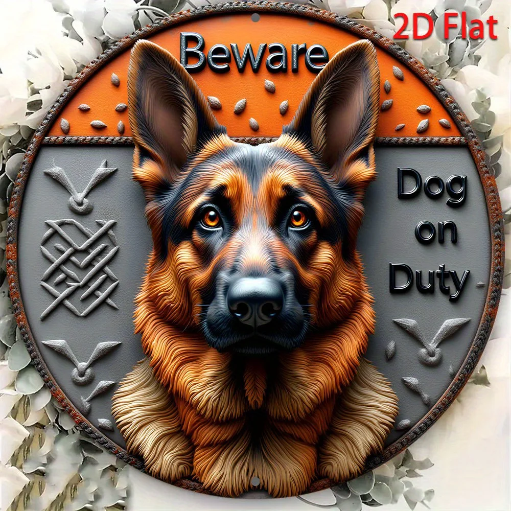 2D Flat, 1pc 2D Flat Print Metal Iron Sign, 1pc German Shepherd Dog on Duty 2D Metal Sign – 8-Inch Round Wall Art with 