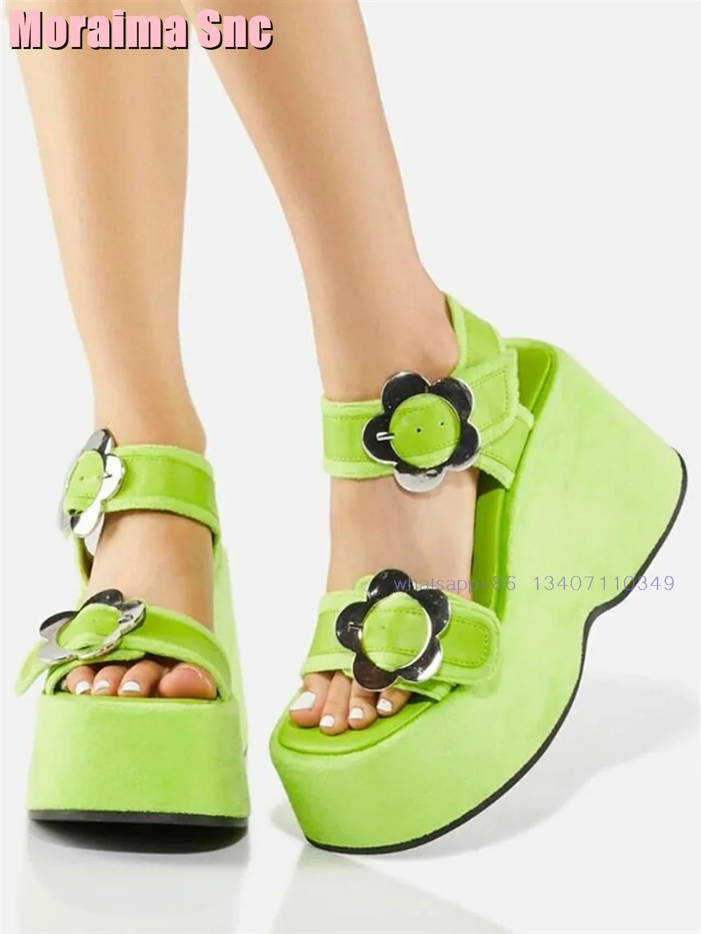 

Green Platform Wedges Flower Buckle Sandals High Heel Round Toe Ankle Strap Sexy Fashion Women's Dress Shoes Summer Sandals 2024