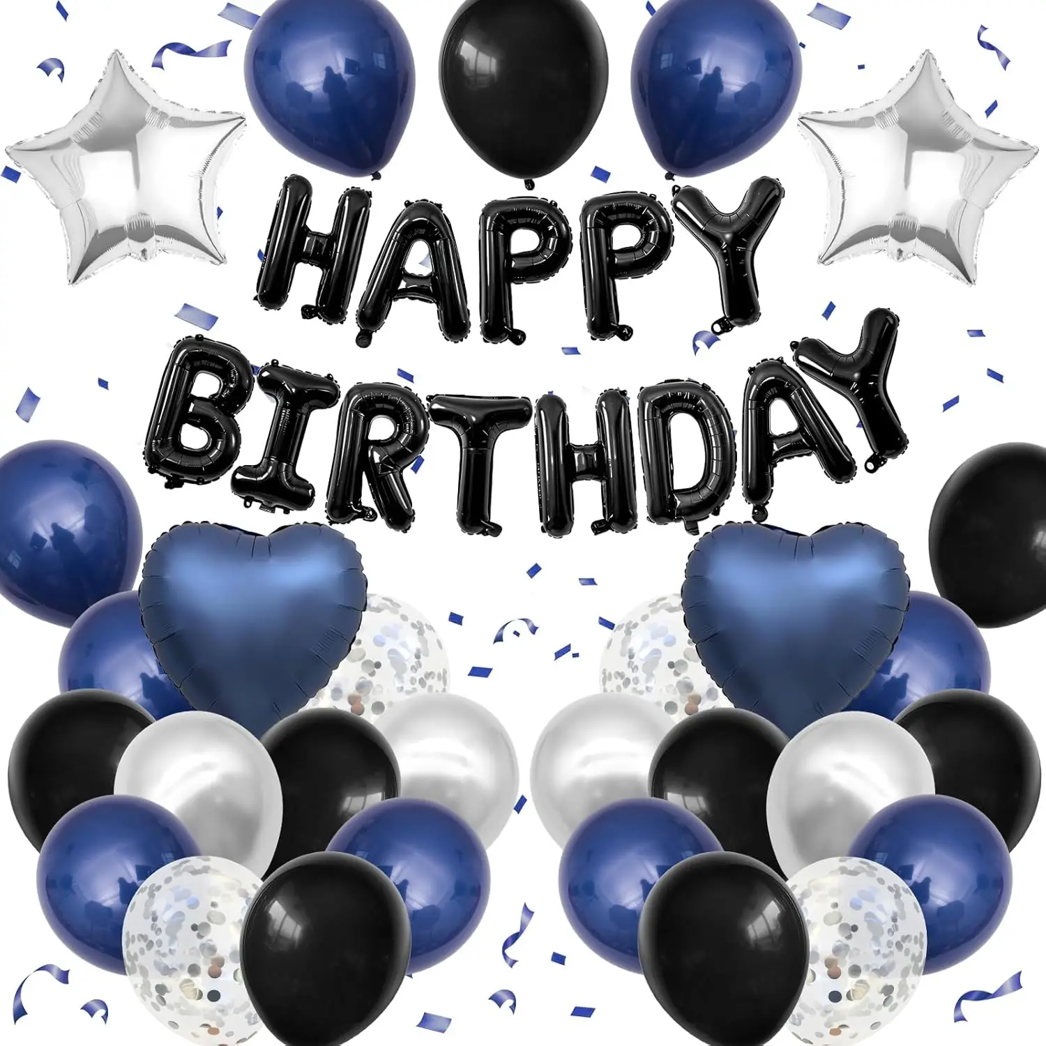 Marineblau & Schwarzes Geburtstags-Dekorationsset für Männer - Blaue, Schwarze, Weiße Luftballons, Happy Birthday Banner & Silberne Konfetti-Ballons