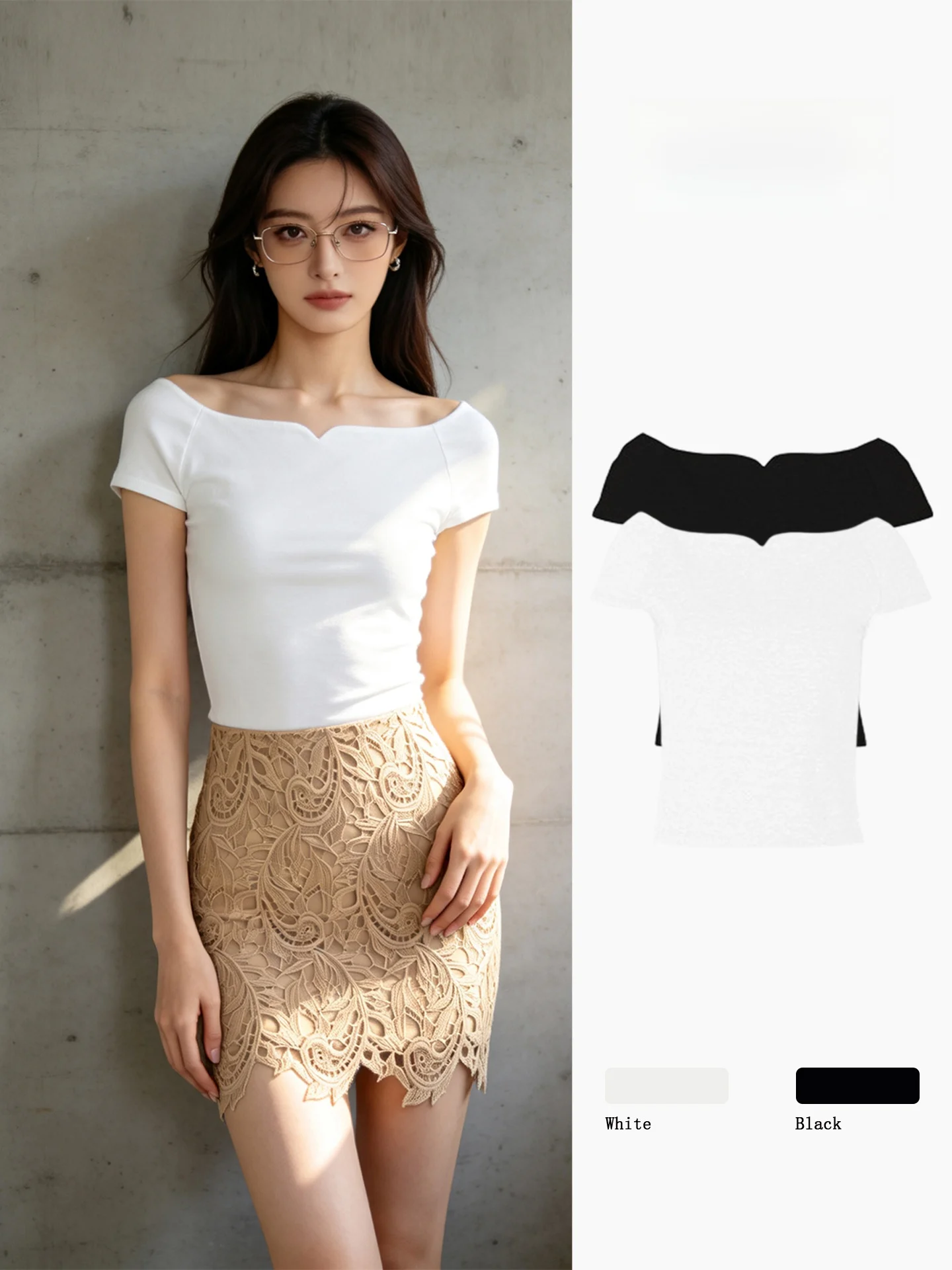

Shoulder Bared Short Sleeve T Shirt Women Summer Slimming Versatile Commute High End Back Exposure Upper Apparel Casual Style