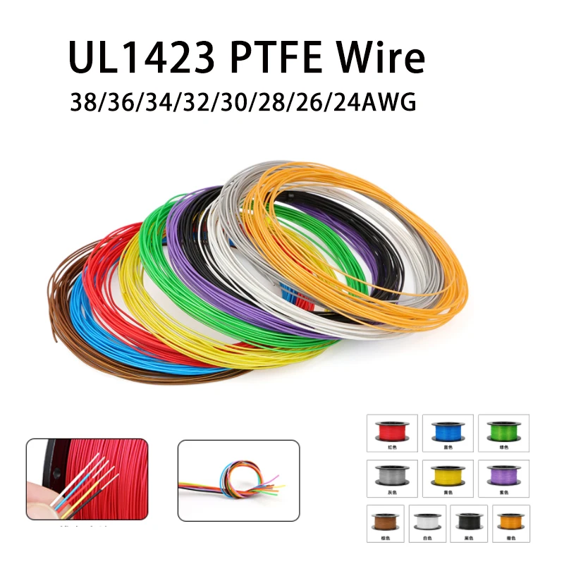 5/10/50M UL1423 PTFE Wire High Temperature Silver Plated Copper Single Core Cable Micro Fine  38/36/34/30/28/26/24AWG