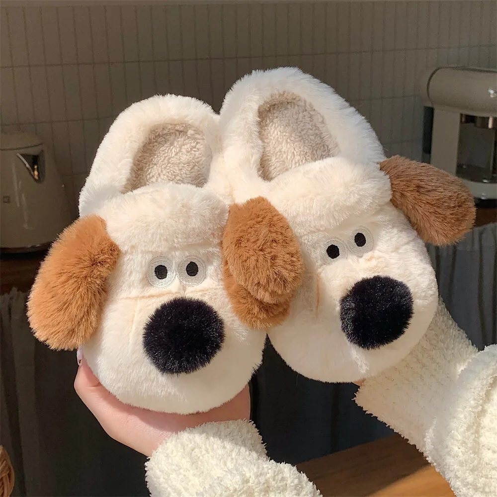 

Autumn And Winter Home Slippers Man Women Warmth Bedroom Soft Postpartum Shoes Dog Plush Baotou Cotton Slippers For Couples