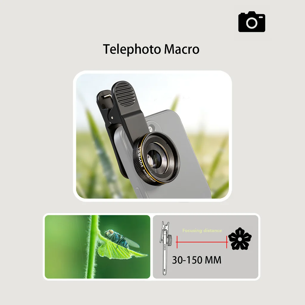 Handy-Kameraobjektivfilter, 135-mm-Makroobjektiv für Mobiltelefone, 30–150 mm Arbeitsabstand, Objektive für iPhone und Android. – Detail 15