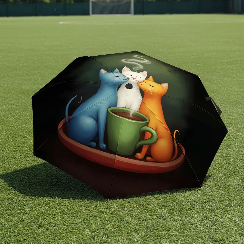 1P C Romantic Cats Sharing Coffee Artwork on Umbrella Print 8 Iron Ribs Folding Umbrella Auto-Open Fashion Sunshade