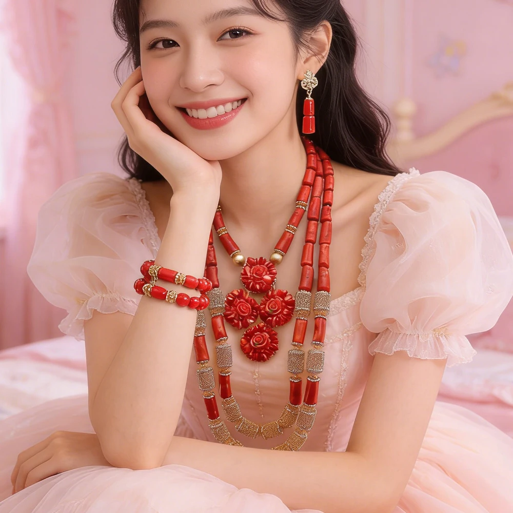 

Fashion Natural African Coral Wedding Necklace for Bride Jewelry Sets Statement Flower Pendant Bracelet Earrings Nigeria Choker