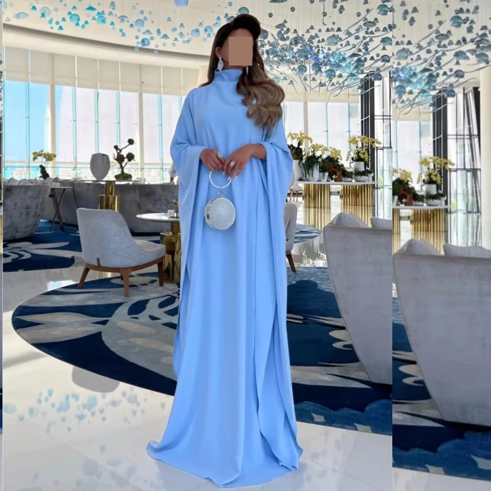 High‑neck wide sleeve long abaya gown with smooth fabric, custom size available. Loose modest fit for Dubai Saudi banquet, elega