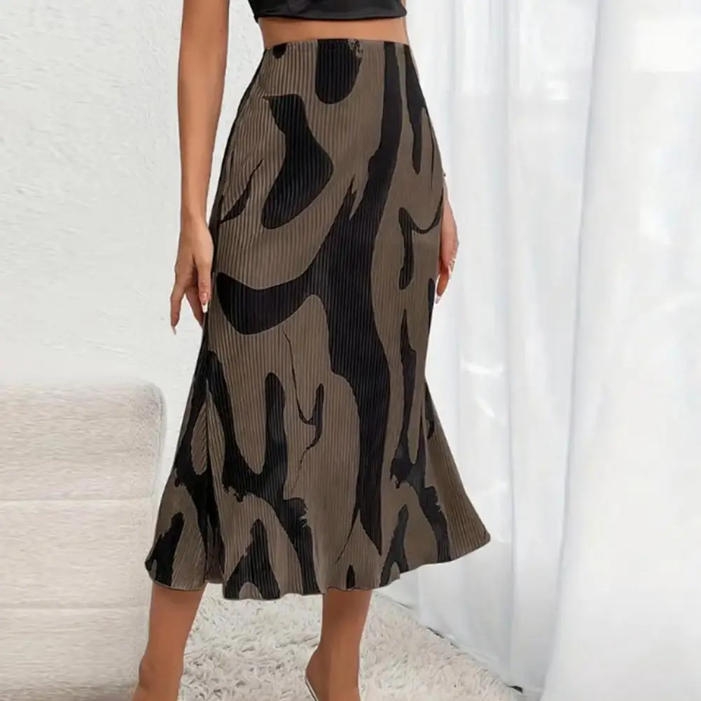 Women Fishtail Skirt Geometric Print A-Line Skirt High Waist Large Hem Ribbed Office Lady Skirt Workwear Female Long Skirts