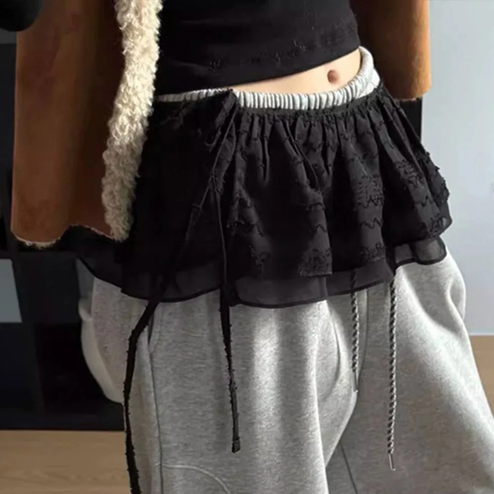 

Новая кружевная мини-юбка с вышитыми цветами, прозрачная юбка в стиле Харадзюку на шнуровке с оборками Y2K, уличная одежда, юбки со рюшами, украшение для джинсов