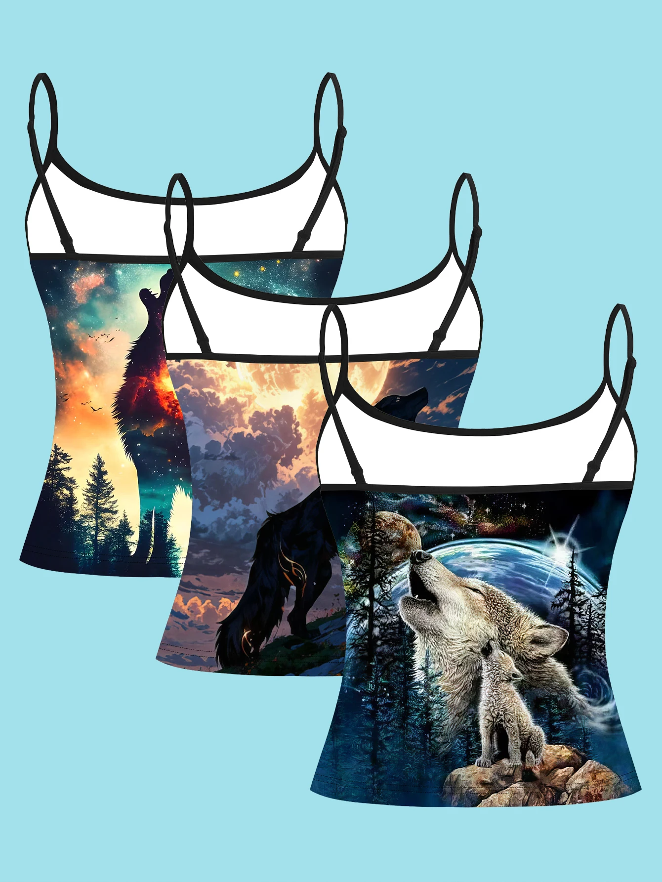 3-Piece Set of Starry Night Wolf Totem Print Camisole Tops for Women, Cosmic Wilderness Lone Wolf Slim-Fit Sleeveless Stylish Hot Girl Inner Wear Tops