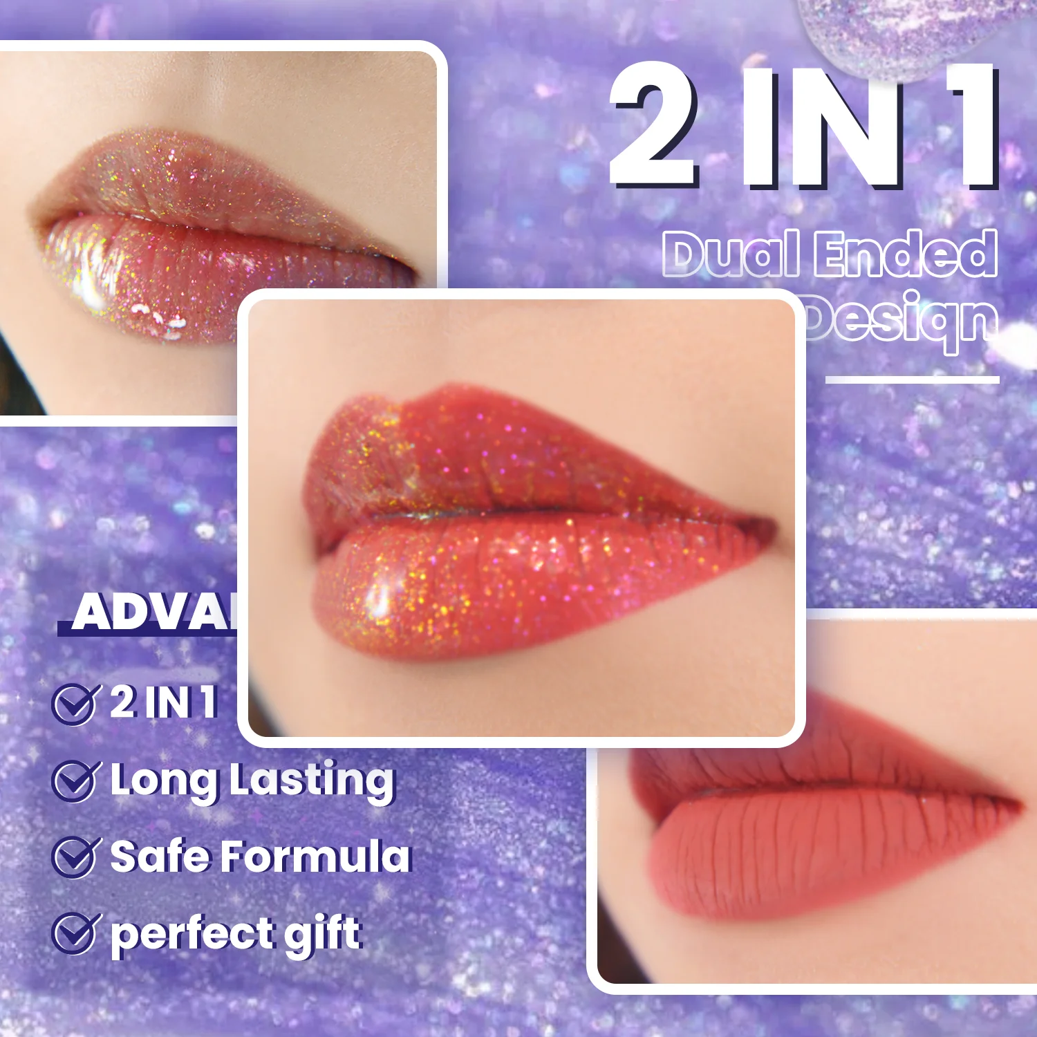 CHARMACY 2 in 1 glitter lip gloss Moisturing longstay duochrome lip glaze 8 color makeup for women