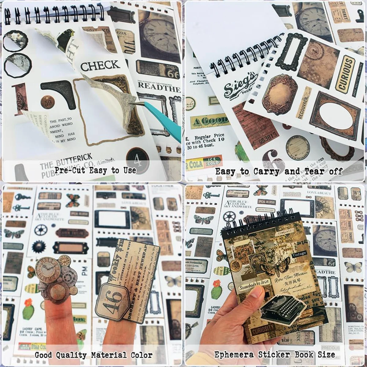 A13M Vintage Stickers for Scrapbooking, 50 Sheets Precut Washi Stickers Book for Journaling, Junk Journal Supplies D