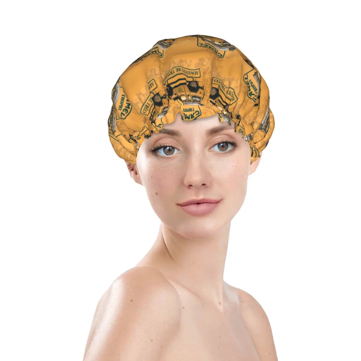 Camel Trophy Shower Cap Women Waterproof Double Layer Bath Caps for Long Hair