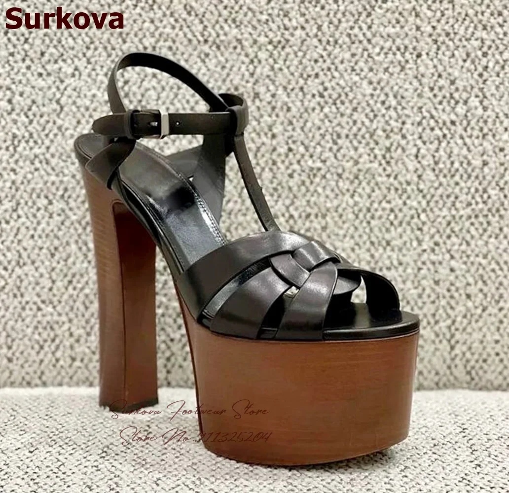 

Surkova Wooden Pattern Chunky Heel Platform Sandals Black Matte Leather T-Strap Dress Shoes Cross Strappy Open Toe Banquet Pumps