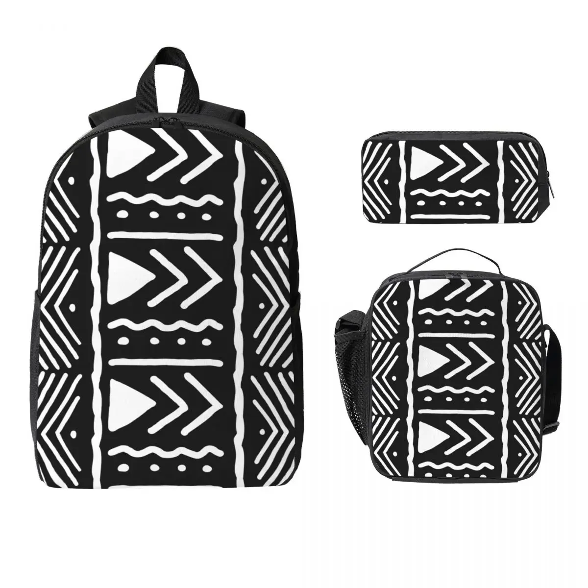 

Black And White African Bogolan Tribal Pattern Backpack BookBag School Bag Computer Shoulder Bags 3ps Lunch Bag Pencil Case