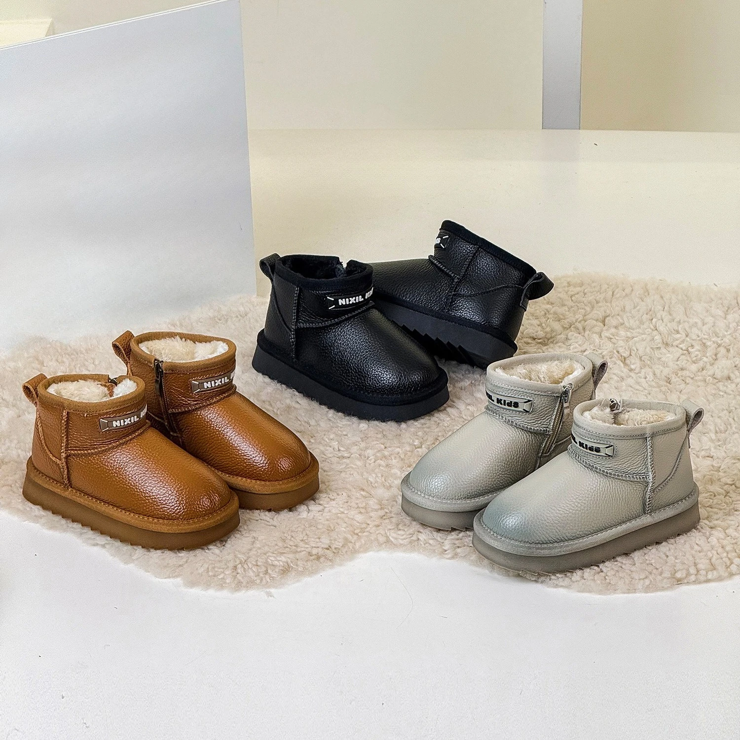 الشتاء الأطفال بنين بنات أفخم سميكة المخملية أعلى الحبوب جلد البقر الثلوج أحذية أطفال طفل دافئ جلد طبيعي حذاء من الجلد