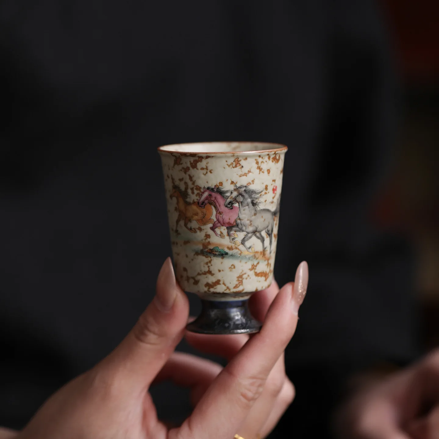 Blue White Fragrance Sniffing Cup Rust Red Base Vintage Horse Year Personal Kung Fu Tea Tasting Cup Gift Box Home Decor Gift