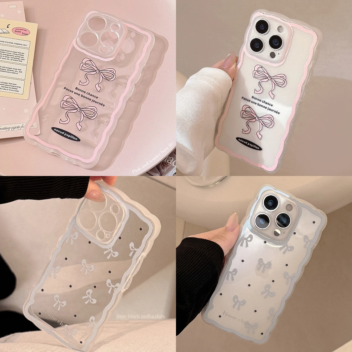

Wavy Frame Bowknot Series Cherry Blossom Pink Buttermilk Blue Phone Case For iPhone 11 12 13 14 15 16 Pro Max Anti Drop Case
