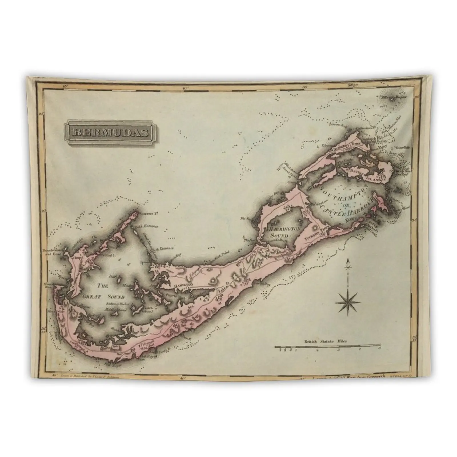 New Vintage Map of Bermuda (1823) Tapestry Tapestries Wall Hanging Wall Hangings Decoration