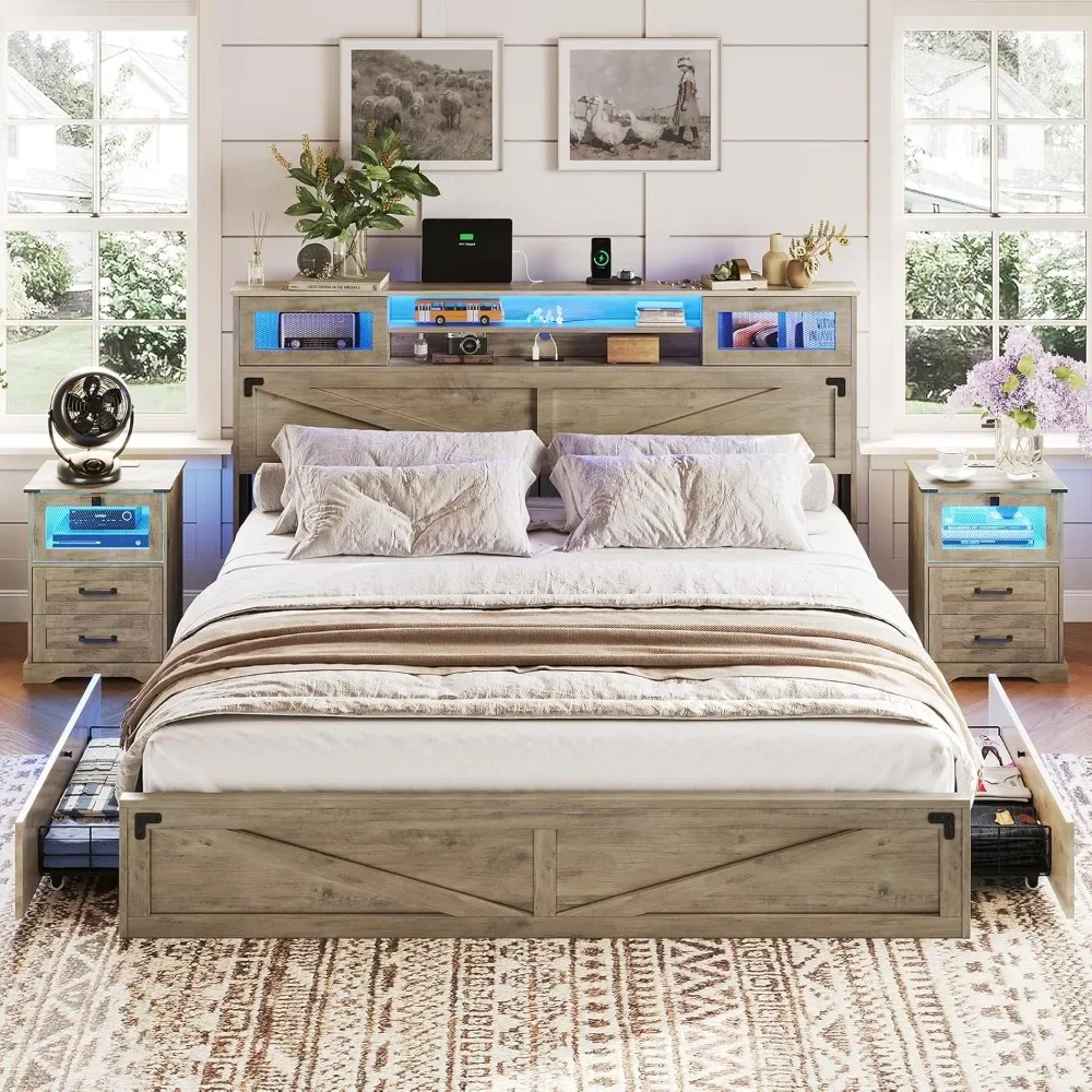 Farmhouse Bed Frame King Size with Bookcase Headboard and 2 Drawers,Rustic Accent Headboard with Sliding Door, Bed Frame