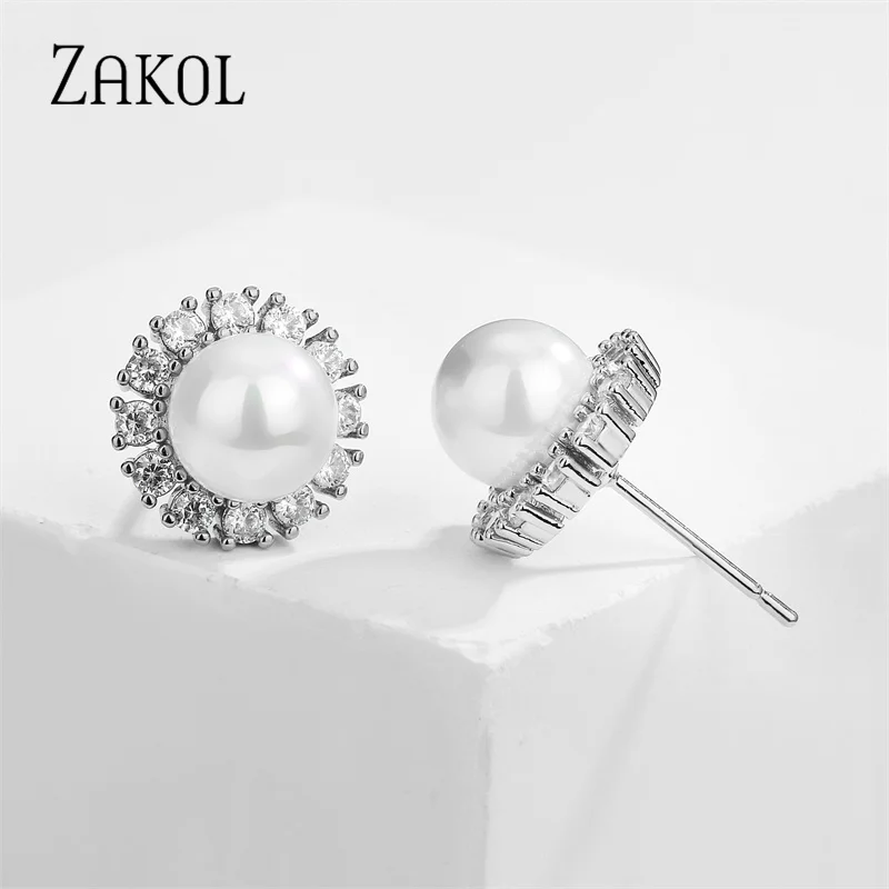 ZAKOL Vintage Green Cubic Zircon Flower Stud Earrings for Elegant Women Fashion Imitation Pearl Wedding Party Birthday Jewelry