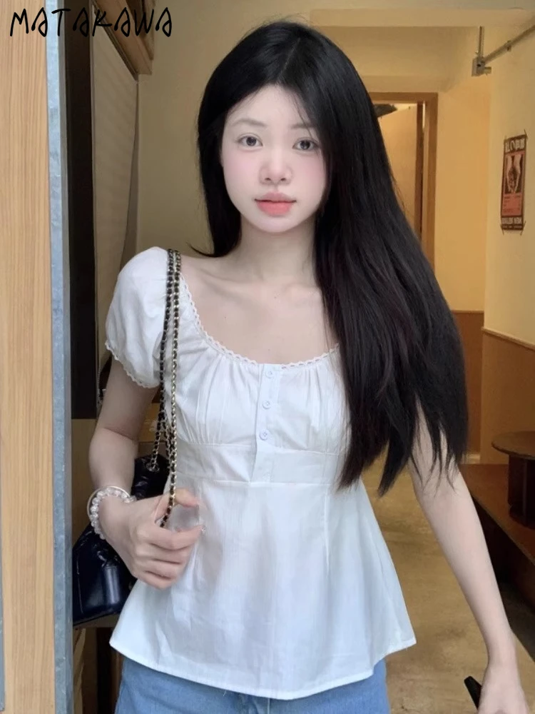 

Matakawa White Blouses Solid Spring Summer Square Neck Korean Fashion Sweet Women Shirts Simple Elegant Chic Blusas Feminina