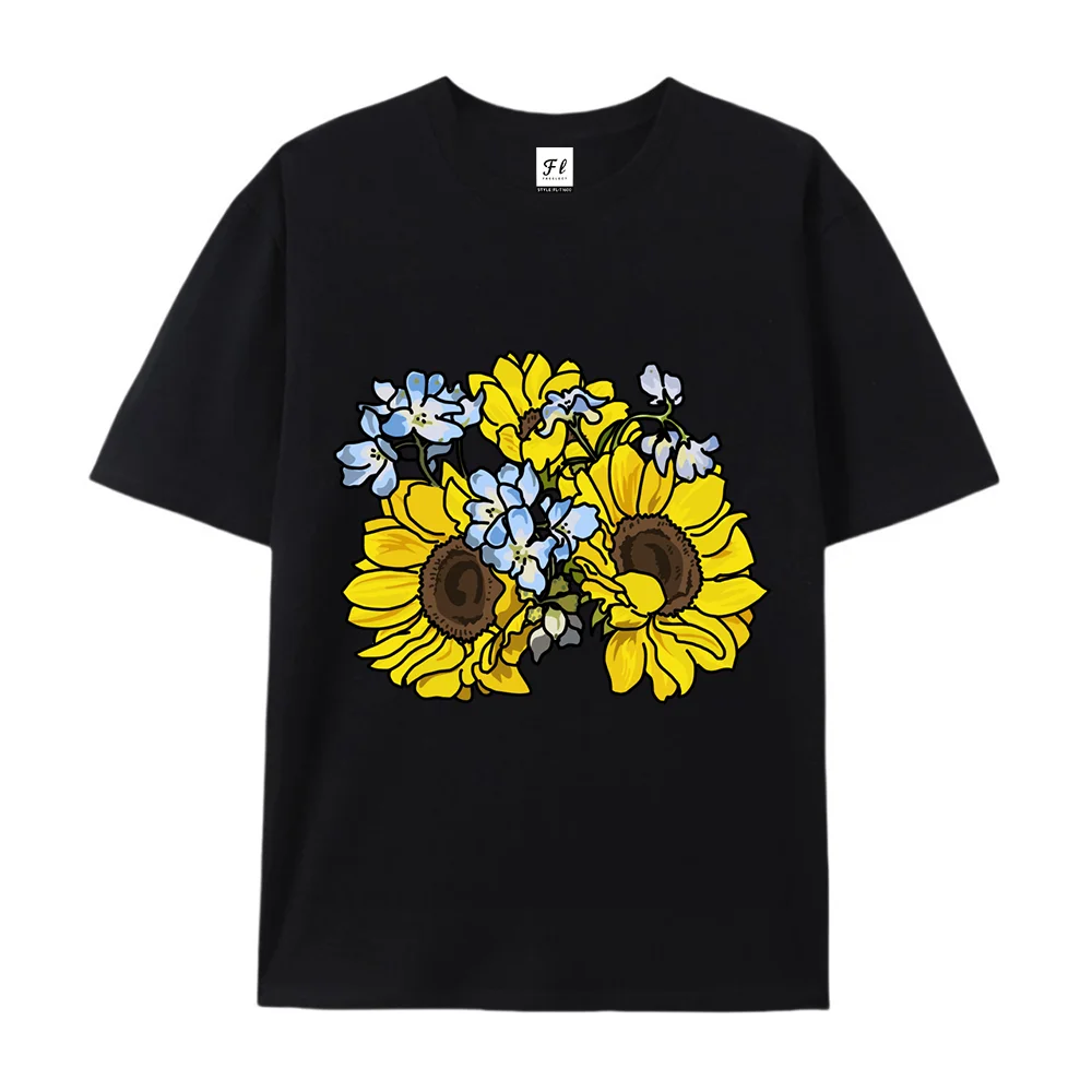 Sunflower & Blue Wildflower Cute Graphic Shirt Casual Short Sleeve Tee Hand Drawn Floral Print Tee Botanical Plant Daily Tops