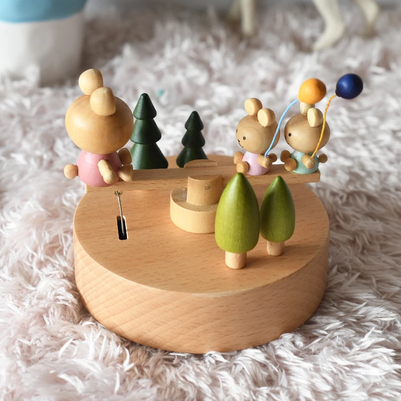 

Rabbit Bunny Seesaw Round Music Box Beech With Custom Logo For Present