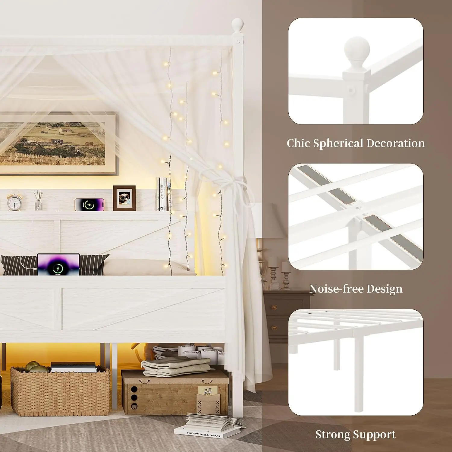 Metal Canopy Bed Frame King Size Storage Headboard, Customized
