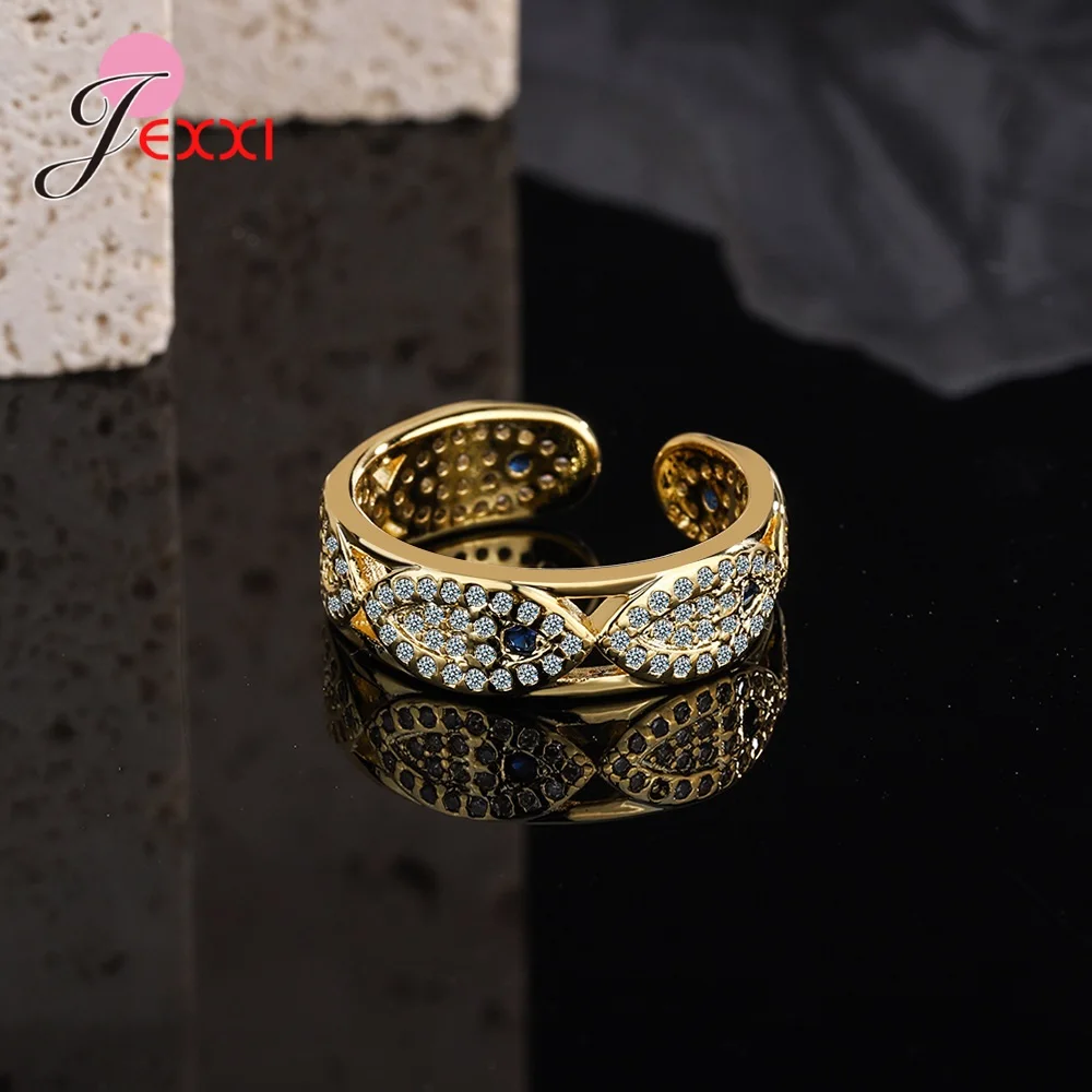 925 Sterling Silver Women Men Couples Finger Rings Shining CZ Crystal Cubic Zircon Inlay Paved Eyes Design Opening Band Jewelry