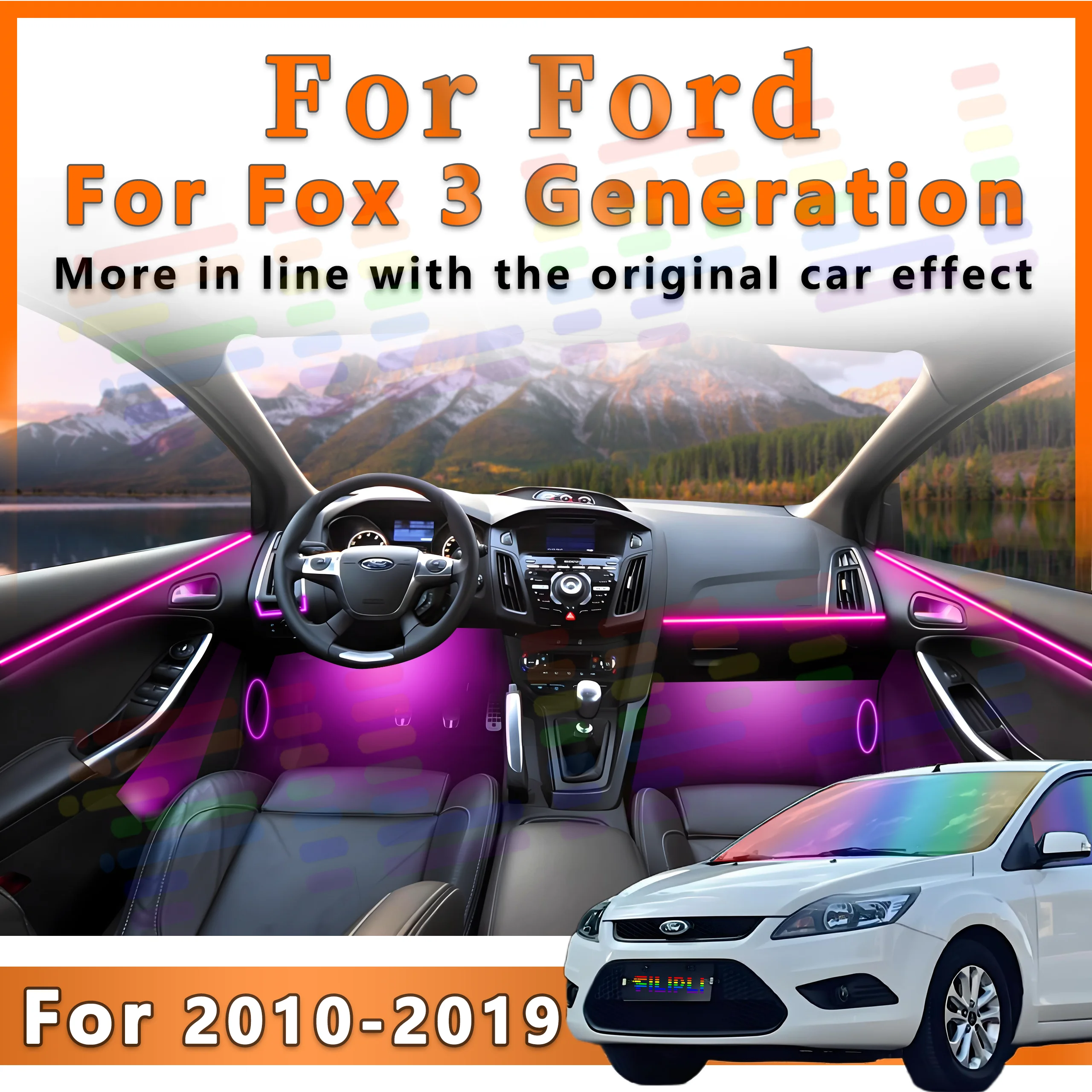 For Ford Fox3 10-19Y Redefine Stylish Driving with Hidden LED Ambient Light Strips for Car Interiors Featuring 64 Colors APP